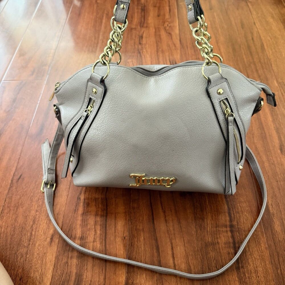 Juicy Couture Zippered Up Satchel Bag Grey Gold Accents Y2K